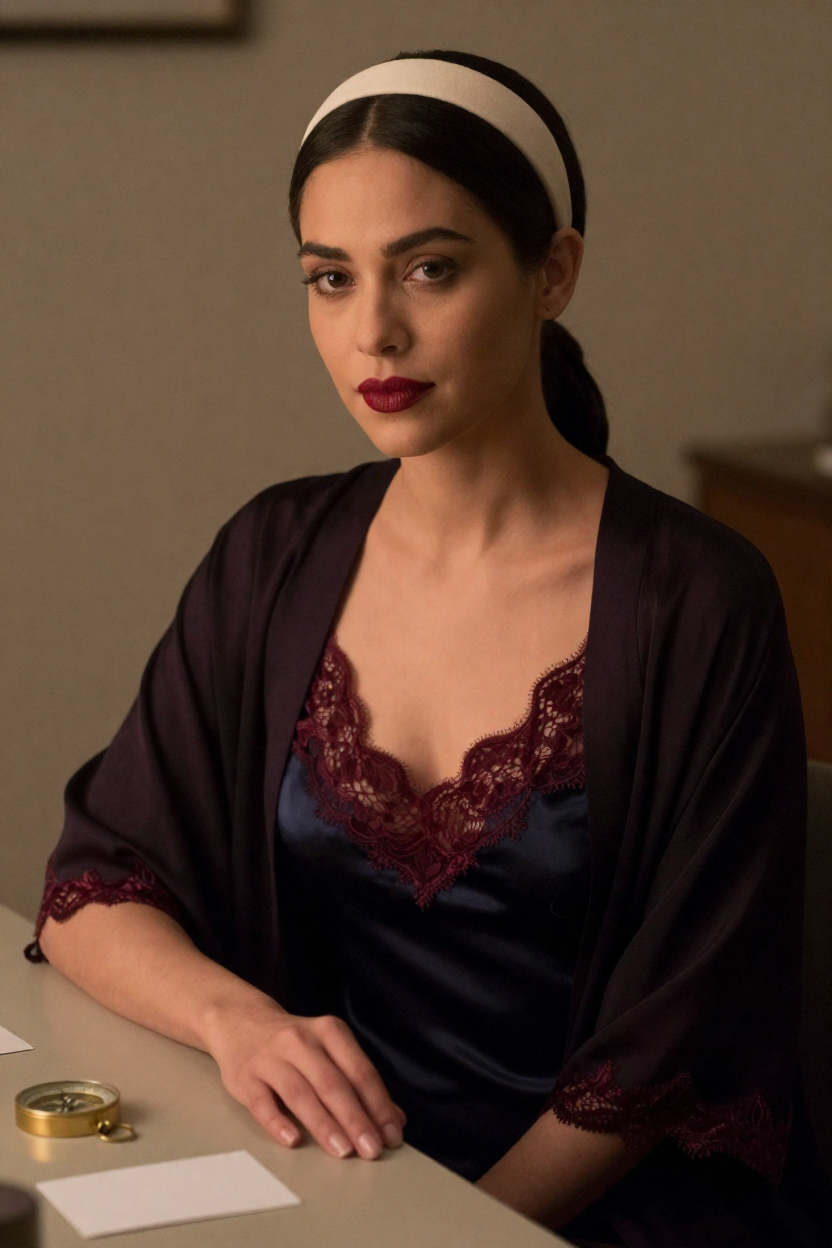 Editorial boudoir photograph of a fictional adult woman, 29 years old, dark hair in a sleek